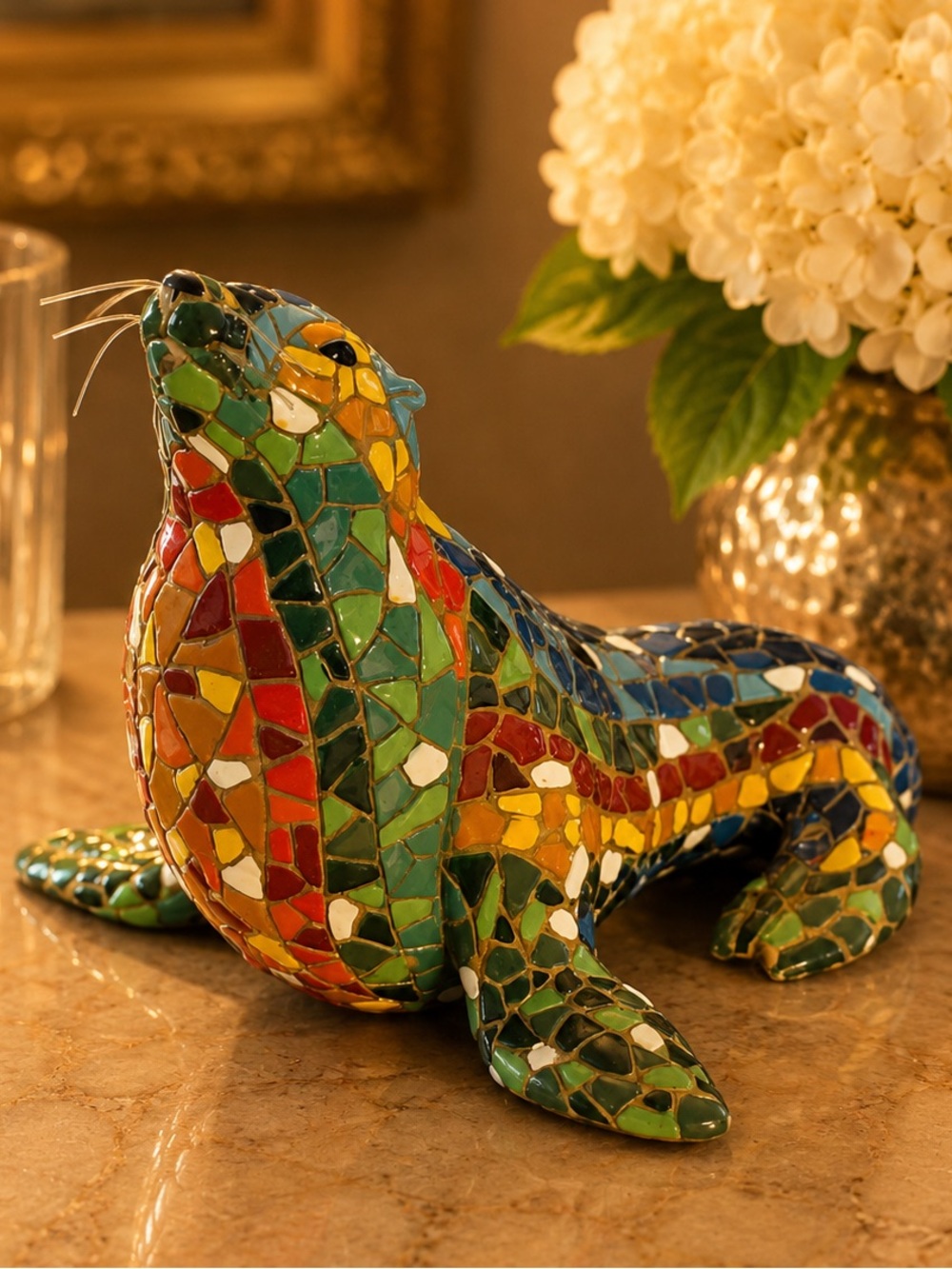 Barcino Spain Mosaic Sea Lion Figurine Trencadis Gaudi Coastal Art Sculpture
